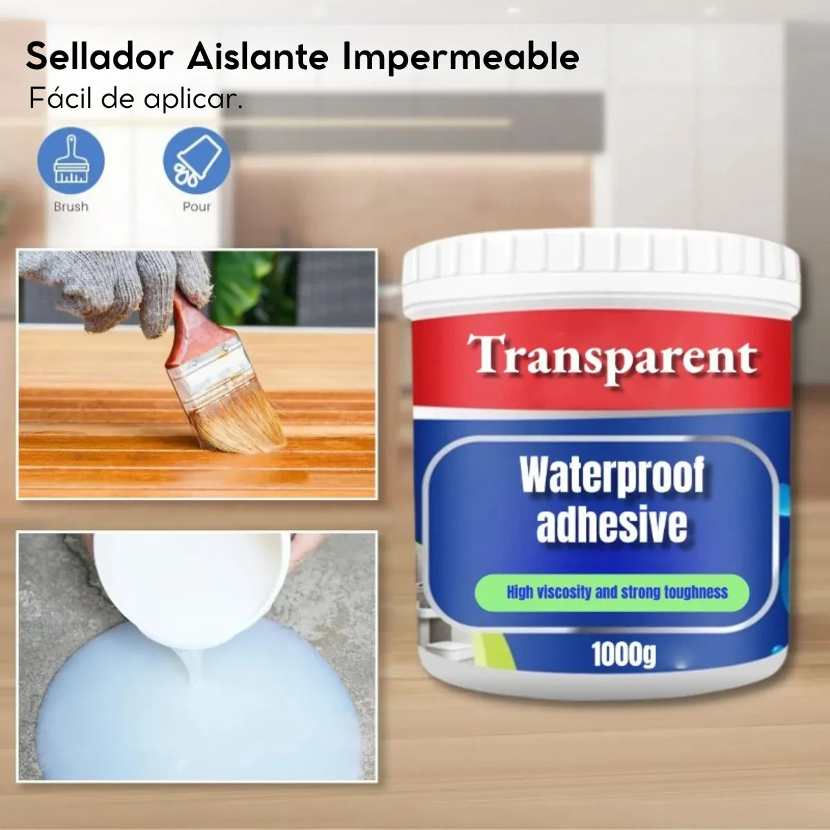 Sellador Adhesivo Transparente Impermeable 1 kg + Brocha Azul